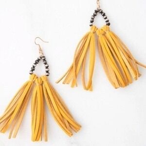 Plunder Design Yellow Leather Tassel Earrings Beaded Hoop Boho Statement Fringe